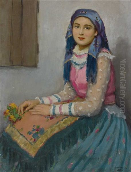 Portrait Eines Hubschen Madchens In Tracht Oil Painting by Janos Laszlo Aldor