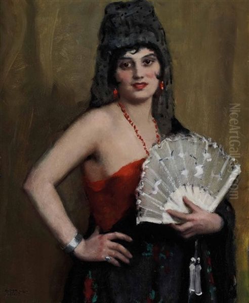 Spanische Dame Mit Weisen Facher Oil Painting by Janos Laszlo Aldor