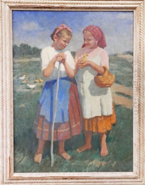 Two Girls With Ducklings In A Landscape Oil Painting by Janos Laszlo Aldor