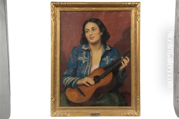 Woman With Guitar Oil Painting by Janos Laszlo Aldor