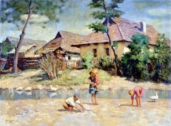 Gyerekek A Patakparton Oil Painting by Janos Laszlo Aldor