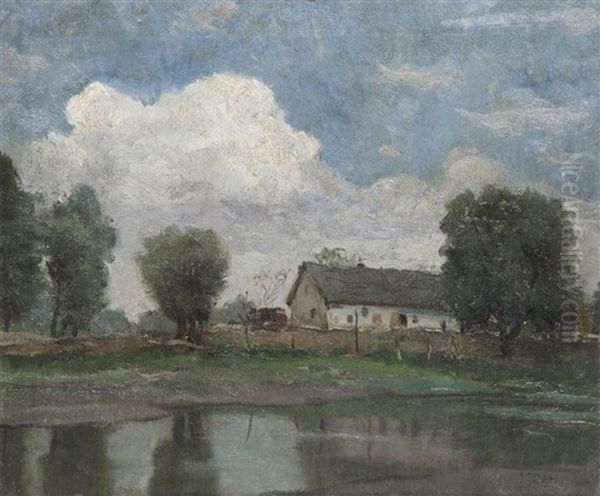 Hungarian Landscape With Farmhouse Near The Water Oil Painting by Janos Laszlo Aldor