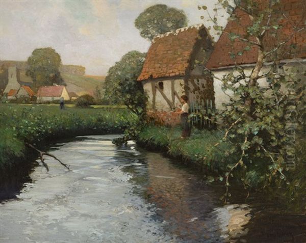 Figures Near A River, Normandy Oil Painting by George Ames Aldrich