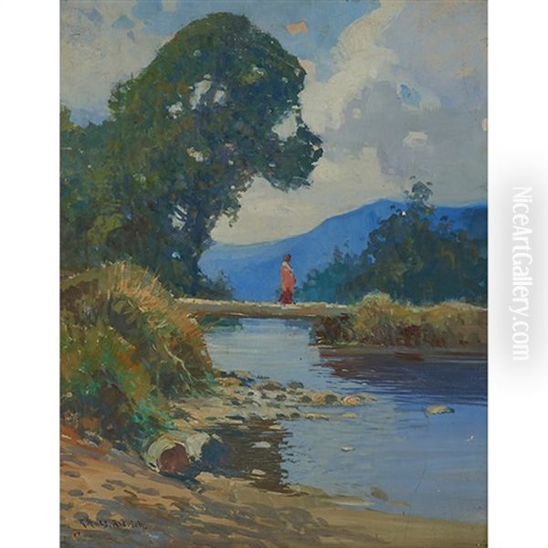 Woman Crossing A Bridge Oil Painting by George Ames Aldrich