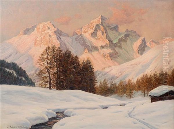 Mountain Snow Scene With Cabin Oil Painting by George Ames Aldrich