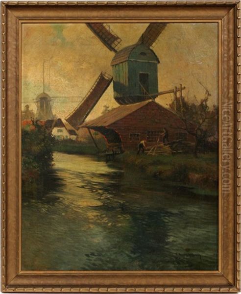 Landscape With Windmill Near Stream With Sawmill Oil Painting by George Ames Aldrich