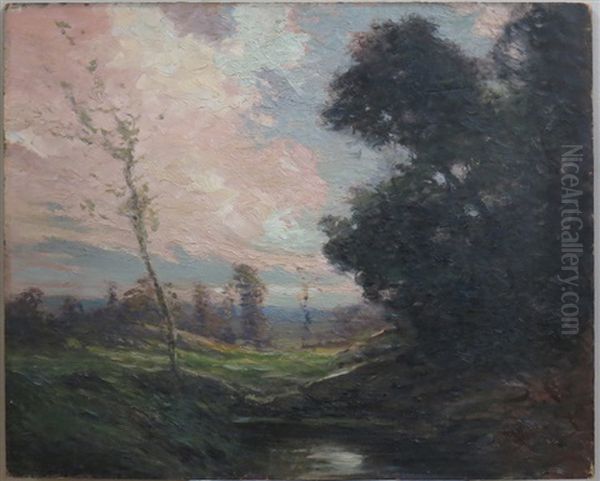 Landscape With Birch Tree, Pink Clouds Oil Painting by George Ames Aldrich