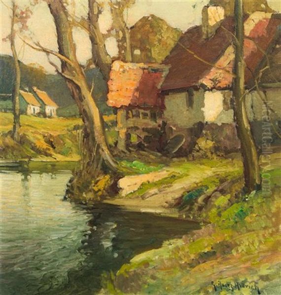 Normandy River Scene Oil Painting by George Ames Aldrich