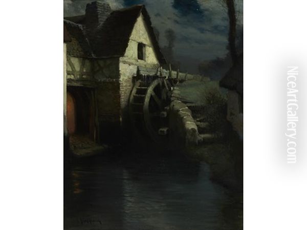 Landscape With Mill (old Grist Mill Near Dieppe) Oil Painting by George Ames Aldrich