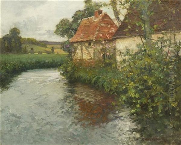 Brittany Landscape With Stream And Stone Cottages Oil Painting by George Ames Aldrich