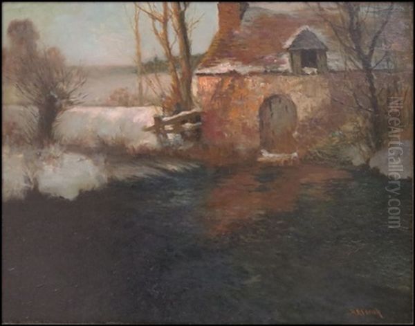 Waterside Cottage In Winter Oil Painting by George Ames Aldrich