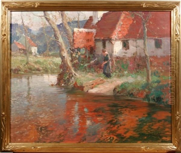 River Landscape With Lady Oil Painting by George Ames Aldrich