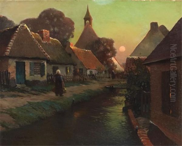 Woman Carrying Water Beside A Canal At Sunset Oil Painting by George Ames Aldrich