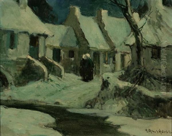 Brittany Scene In Winter Bathed In Moonlight Oil Painting by George Ames Aldrich