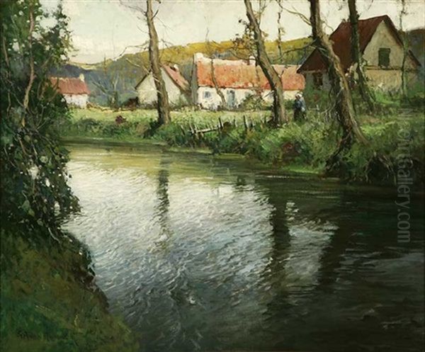 Cottages In Normandy River Landscape Oil Painting by George Ames Aldrich