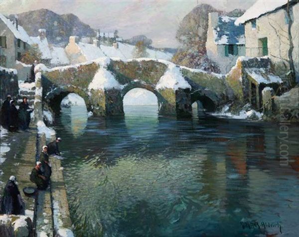 Figures In Normandy (quimperie) Winter River Landscape Oil Painting by George Ames Aldrich