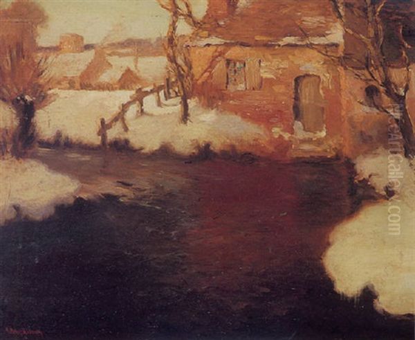 A Cabin By A River In Winter Oil Painting by George Ames Aldrich