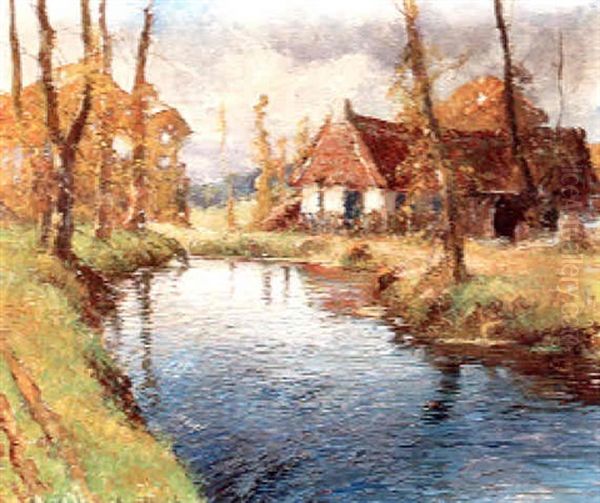 Cottage Along A Stream Oil Painting by George Ames Aldrich