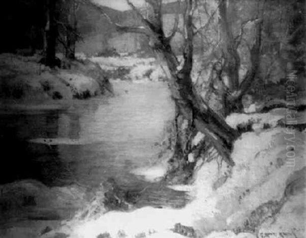 Winter River Bank With Distant Bluffs Oil Painting by George Ames Aldrich