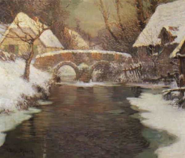 Winter Scene With Bridge And Houses Oil Painting by George Ames Aldrich