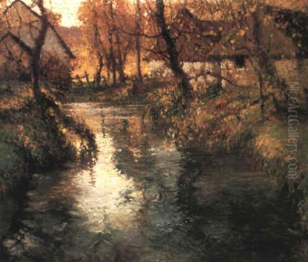 Autumn Landscape With Thatched Cottages Hugging A Bend In A Stream Oil Painting by George Ames Aldrich