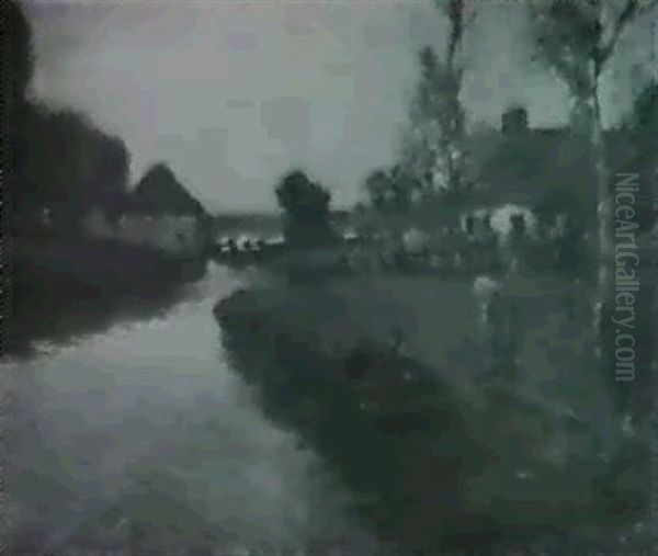 River Scene With Boatman And Cottages Oil Painting by George Ames Aldrich