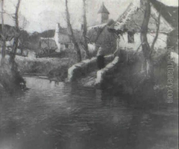 Brittany Scene With Rippling                                Pond And Lone Figure Oil Painting by George Ames Aldrich