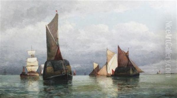 Hay Barges Off The Coast Oil Painting by Frederick James Aldridge