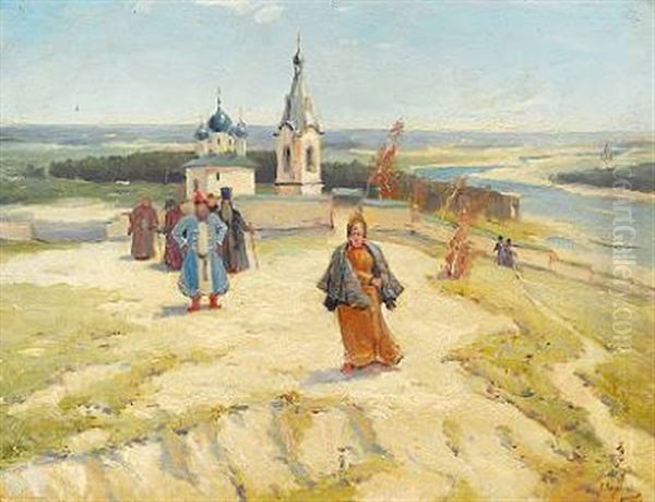 Russian Landscape With A Woman And Several Men Outside A Monastery Oil Painting by Konstantin Aleksandrovitch Veschilov