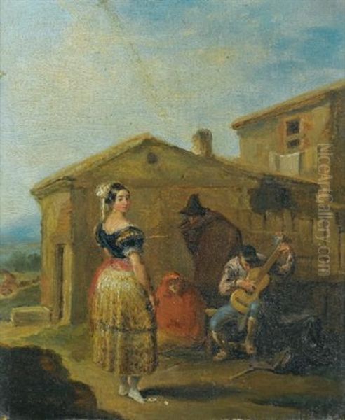 A Woman At A Balcony; A Woman Standing Before A Musical Group (pair) by Leonardo Alenza Y Nieto