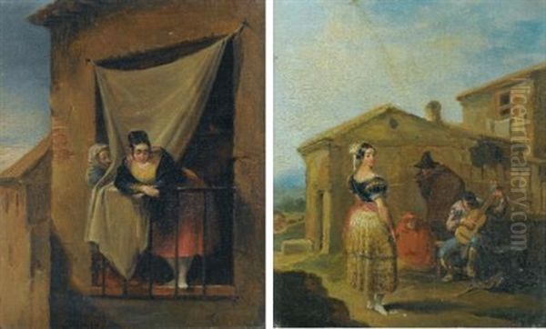 A Woman At A Balcony (+ A Woman Standing Before A Musical Group; Pair) Oil Painting by Leonardo Alenza Y Nieto