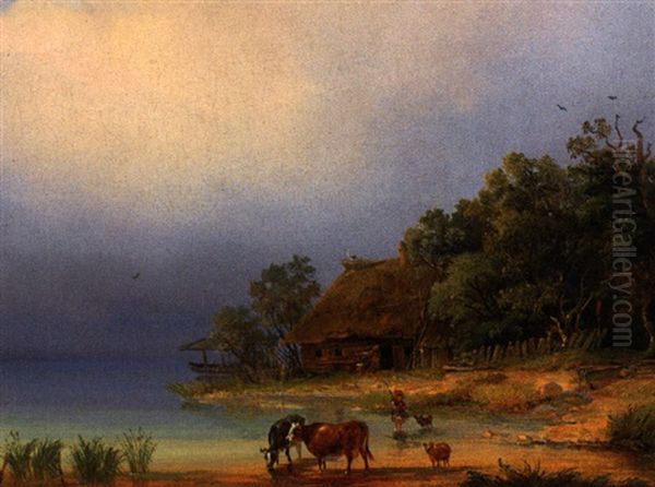 Kuhe An Der Tranke Am Ufer Eines Sees, Reetgedeckte Kate Mit Storchennest Oil Painting by Rudolf Alers