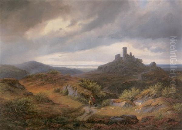 Landschaft Mit Burgruine Und Reiter Uber Der Kuste (schottland) Oil Painting by Rudolf Alers