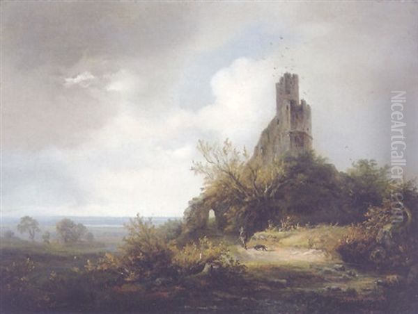 Burg Mit Weiter Landschaft, Im Vordergrund Ein Jager Oil Painting by Rudolf Alers