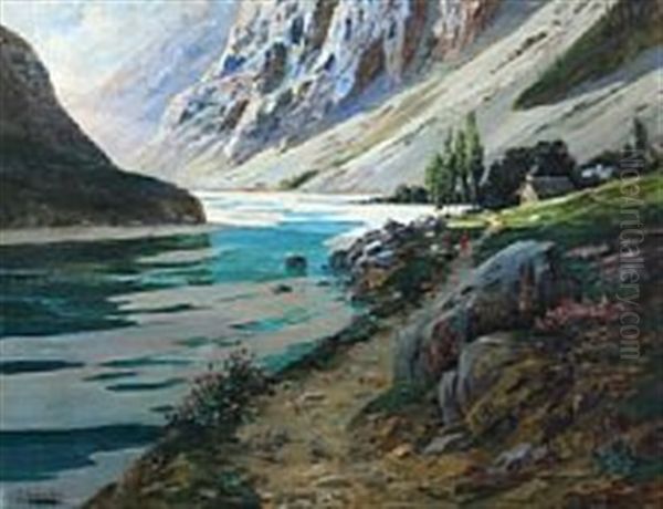 Woman On Path By The River And Snowy Mountains Oil Painting by Frederic Hugo d' Alesi