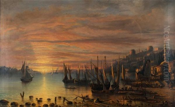 Coucher De Soleil Sur Le Bosphore Oil Painting by Frederic Hugo d' Alesi