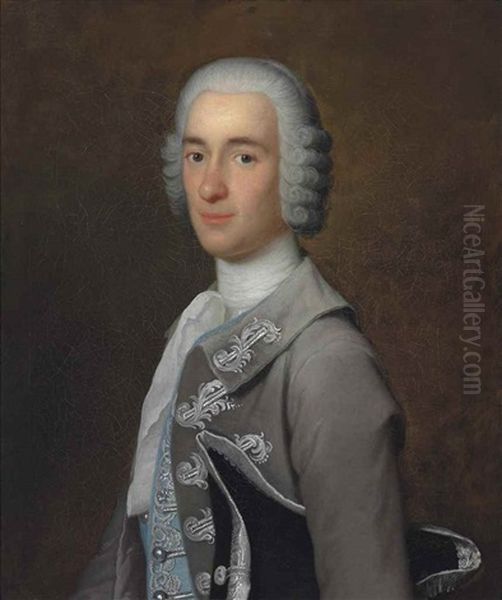 Portrait Of A Gentleman, Half-length, In A Grey Coat With An Embroidered Trim And Blue Waistcoat, A Tricorn Under His Arm Oil Painting by Cosmo Alexander