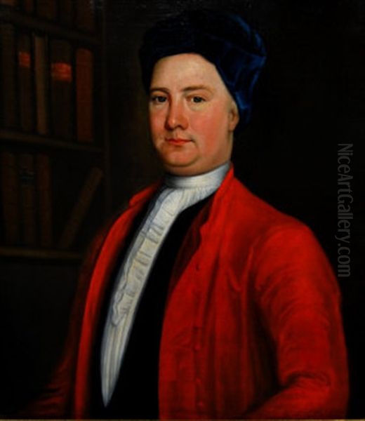 Portrait Of A Doctor, Standing In A Library Interior, Wearing A Blue Velvet Hat And Red Coat, Over A Tied White Stock by Cosmo Alexander