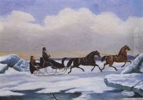 A Tandem Sleigh Crossing A Frozen River Oil Painting by Evelyne Marie (Lady) Alexander