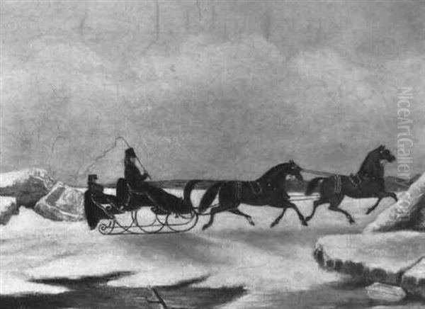 A Two-horse Sleigh Crossing A Frozen River Oil Painting by Evelyne Marie (Lady) Alexander