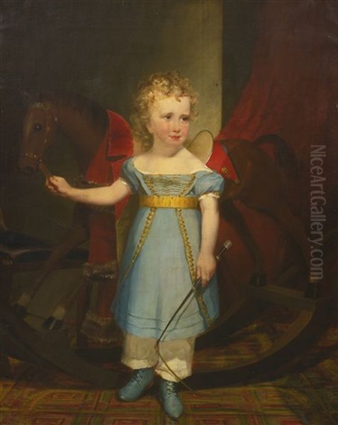 Portrait Of A Blond Curly-haired Boy With A Rocking Horse: Quincy Adams Shaw As A Boy Oil Painting by Francis Alexander