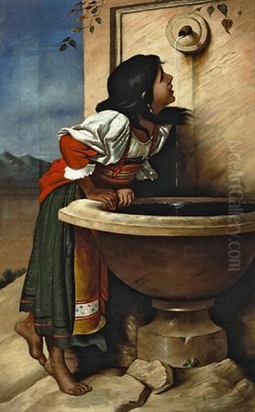 Roman Girl At A Fountain (after Leon Joseph Florentin Bonnat) Oil Painting by Henry Alexander