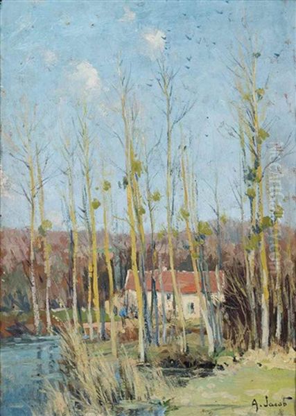 A Cottage On The River Bank Oil Painting by Louis Alexandre