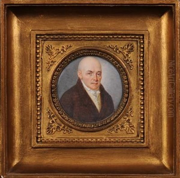 Portrait Of A Gentleman, Head And Shoulders With Close Cropped Hair And Brown Eyes Wearing A Brown Coat, Yellow Waistcoat And White Neckerchief Oil Painting by Louis Alexandre