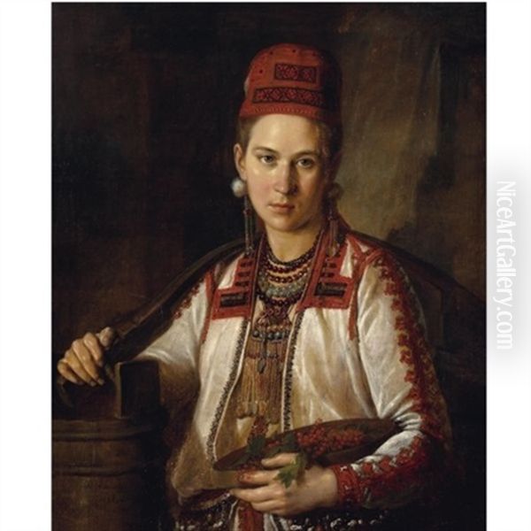 Portrait Of A Girl In Mordvinian Dress Oil Painting by Nikolai Mikhailovich Alexeev