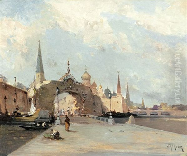 Blick Auf Eine Russische Stadt Mit Brucken Oil Painting by Jean d' Alheim