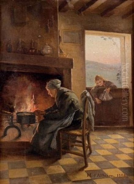 Au Coin Du Feu Oil Painting by Jean d' Alheim