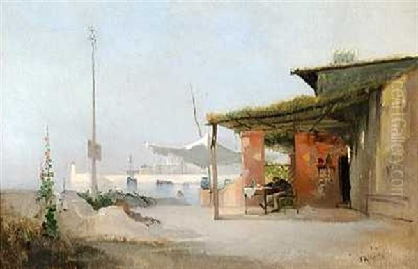 Taverne Ved Middelhavet. Til Venstre Blomstrende Stokroser Oil Painting by Jean d' Alheim