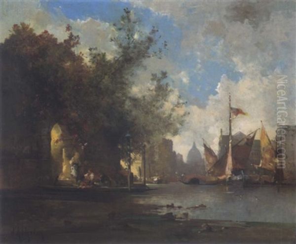 Sonniger Kanal In Venedig Oil Painting by Jean d' Alheim