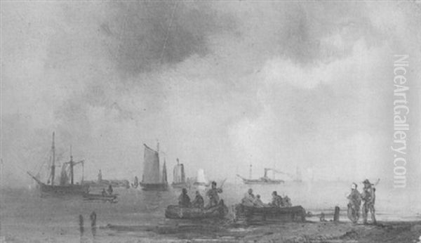 Kustenszene Mit Ruderbooten, Segelbooten Und Dampfer Oil Painting by Jean d' Alheim